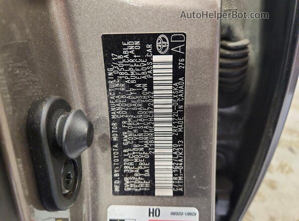 2T1BURHE2HC872022 2017 TOYOTA COROLLA Gray VIN կոդի պիտակի տեսք