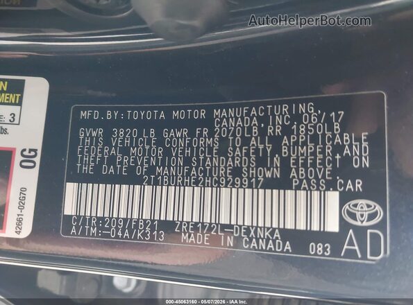 2T1BURHE2HC929917 2017 TOYOTA LL Black Widok komory silnika