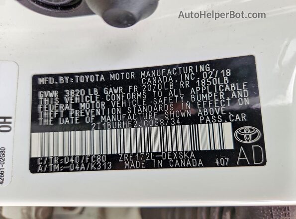 2T1BURHE2JC058734 2018 TOYOTA COROLLA White Շարժիչի բաժամունքի տեսք