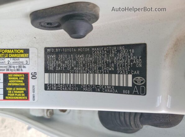 2T1BURHE2KC167311 2019 TOYOTA COROLLA White Շարժիչի բաժամունքի տեսք