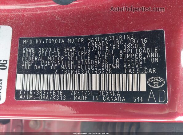 2T1BURHE3GC745228 2016 TOYOTA COROLLA Red Widok komory silnika