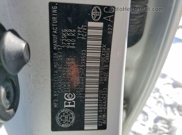 2T1BURHE3HC939503 2017 TOYOTA LL White Widok naklejki z numerem VIN
