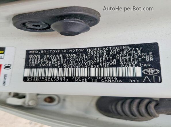 2T1BURHE3HC956186 2017 TOYOTA COROLLA White VIN კოდის სტიკერის ხედი