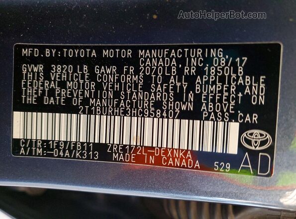 2T1BURHE3HC958407 2017 TOYOTA COROLLA Gray Widok naklejki z numerem VIN