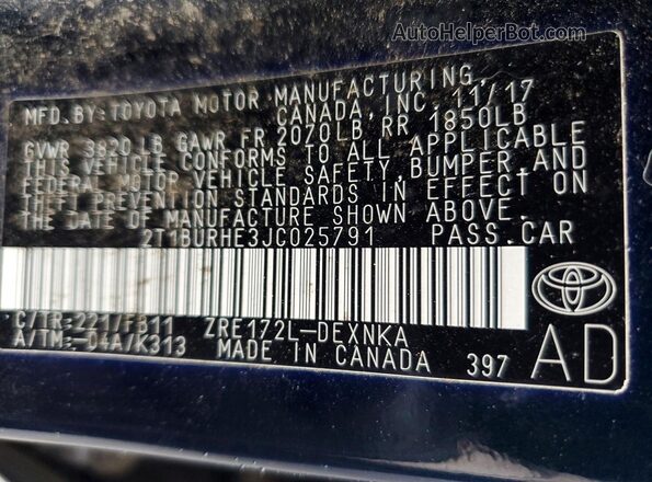 2T1BURHE3JC025791 2018 TOYOTA COROLLA Черный Вид подкапотного пространства