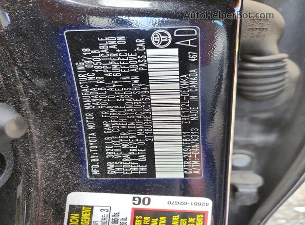 2T1BURHE3KC167947 2019 TOYOTA LL Черный Вид наклейки с VIN-кодом