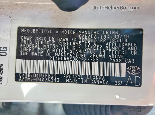 2T1BURHE3KC237785 2019 TOYOTA COROLLA White Vista del compartimento del motor