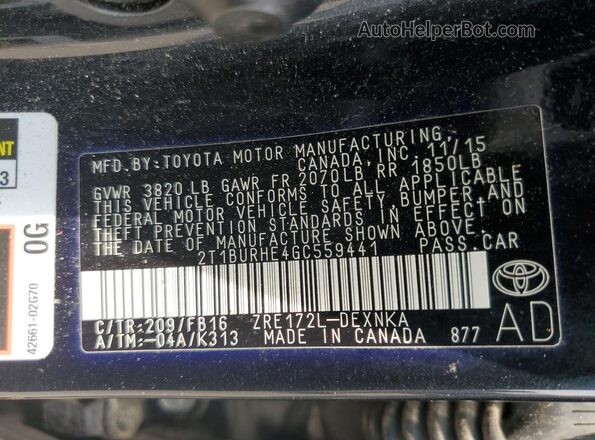 2T1BURHE4GC559441 2016 TOYOTA COROLLA Черный Вид подкапотного пространства