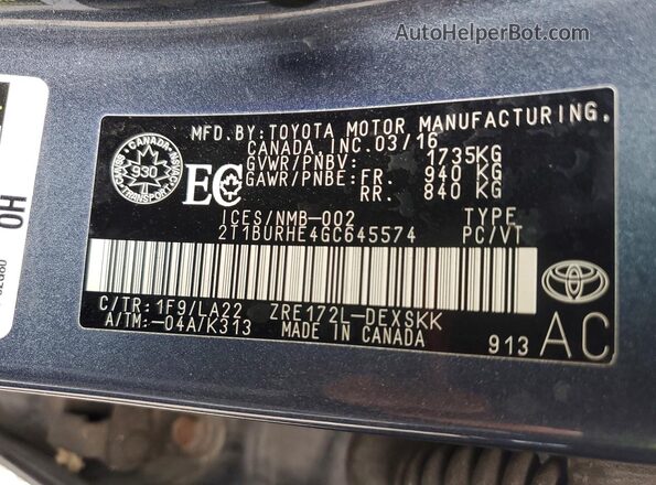 2T1BURHE4GC645574 2016 TOYOTA COROLLA Blue VIN კოდის სტიკერის ხედი