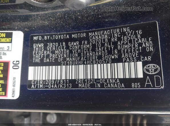 2T1BURHE4HC820570 2017 TOYOTA LL Черный Вид подкапотного пространства