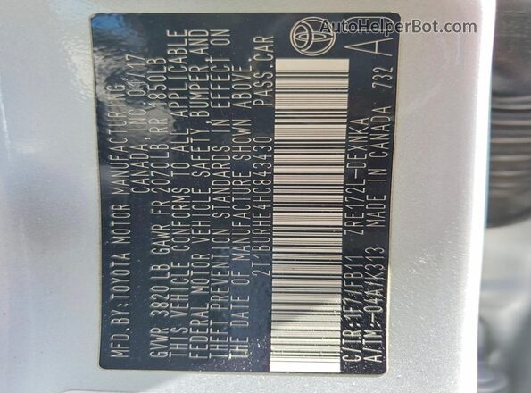 2T1BURHE4HC843430 2017 TOYOTA COROLLA Silver Vista de la etiqueta del VIN