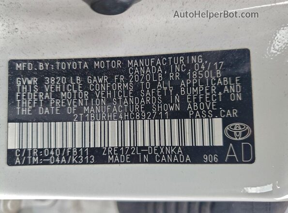 2T1BURHE4HC892711 2017 TOYOTA LL White VIN sticker view
