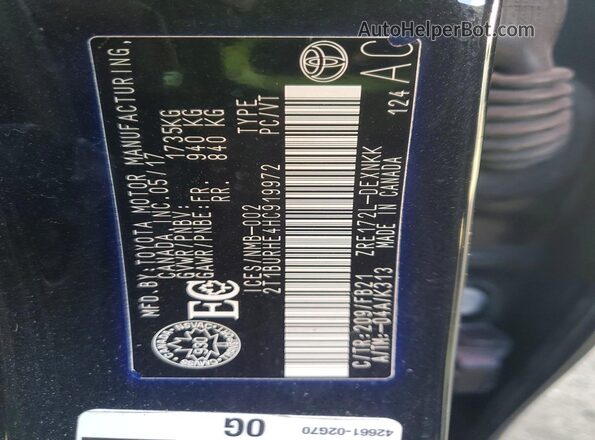 2T1BURHE4HC919972 2017 TOYOTA COROLLA Black Vista de la etiqueta del VIN