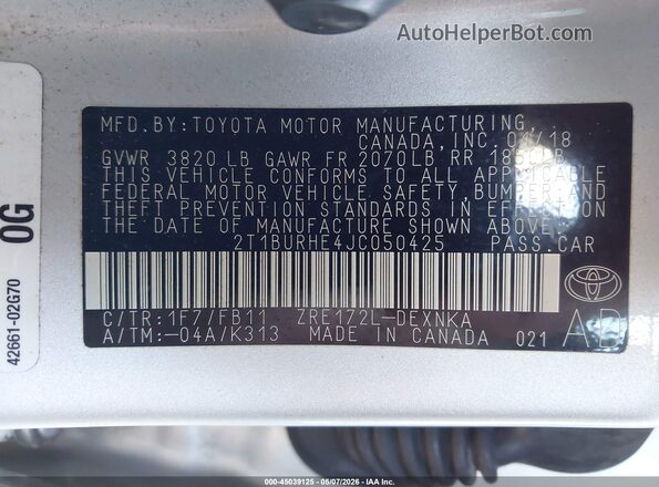 2T1BURHE4JC050425 2018 TOYOTA LL Silver Vista del compartimento del motor