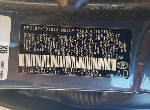 2T1BURHE4JC965579 2018 TOYOTA COROLLA Gray Vista del compartimento del motor