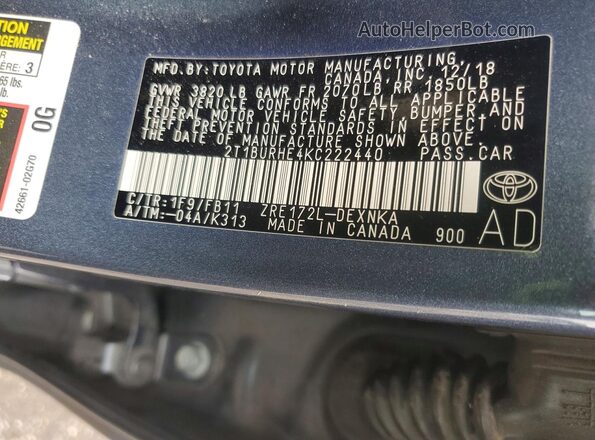 2T1BURHE4KC222440 2019 TOYOTA LL Синий Вид подкапотного пространства