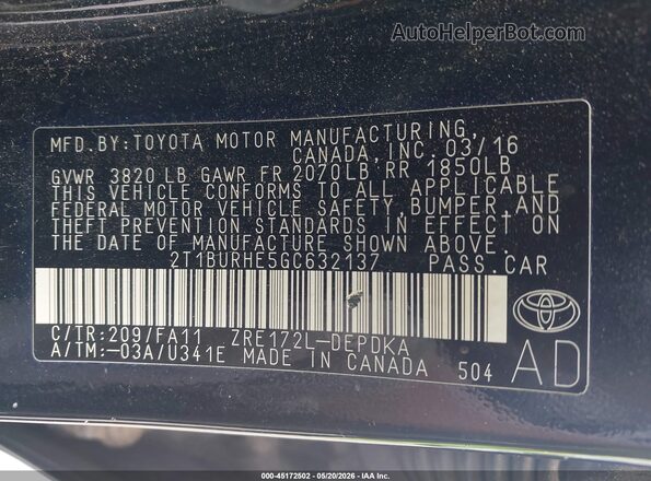 2T1BURHE5GC632137 2016 TOYOTA COROLLA Черный Вид подкапотного пространства