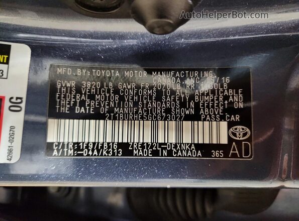2T1BURHE5GC673027 2016 TOYOTA LL Синий Вид подкапотного пространства