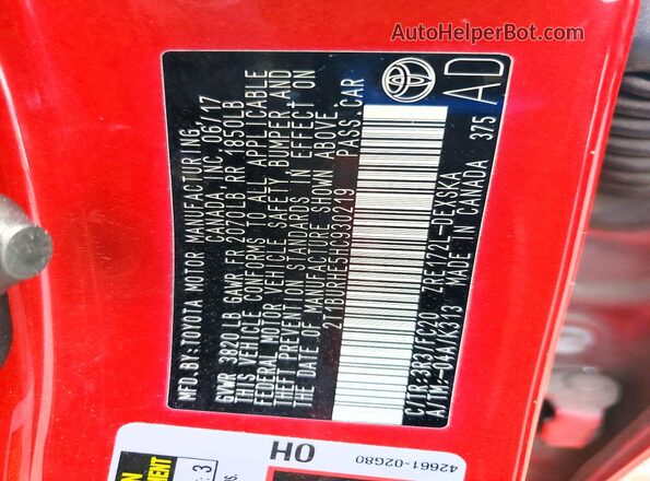 2T1BURHE5HC930219 2017 TOYOTA COROLLA Red Vista del compartimento del motor