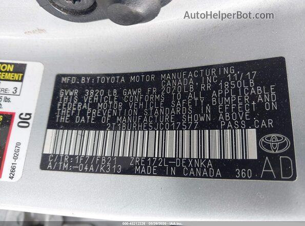 2T1BURHE5JC017577 2018 TOYOTA COROLLA Silver Vista del compartimento del motor