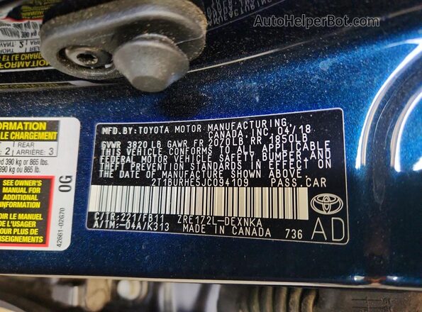 2T1BURHE5JC094109 2018 TOYOTA COROLLA Синий Вид подкапотного пространства