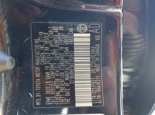 2T1BURHE5KC152933 2019 TOYOTA COROLLA Blue Widok naklejki z numerem VIN