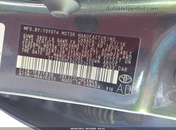 2T1BURHE6GC603455 2016 TOYOTA COROLLA Light Blue Widok komory silnika