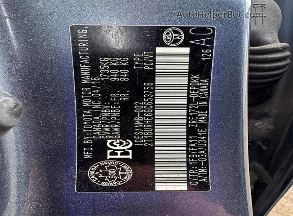 2T1BURHE6GC653756 2016 TOYOTA COROLLA Blue Вид задніх сидінь