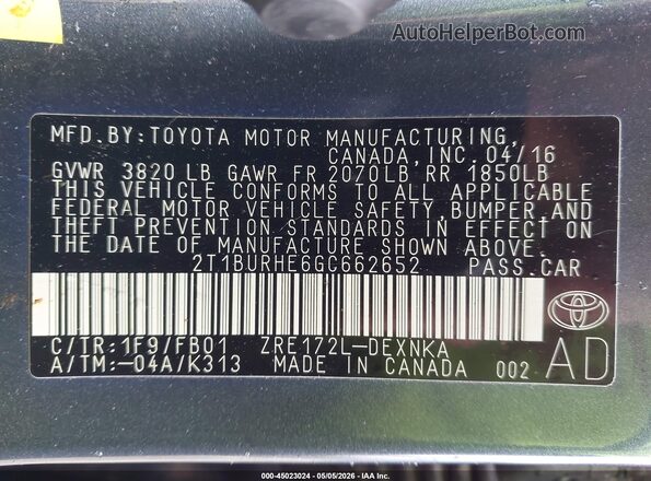 2T1BURHE6GC662652 2016 TOYOTA LL Gray Vista del compartimento del motor