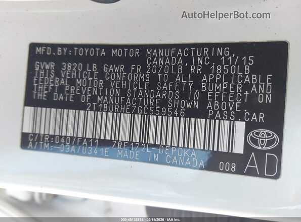 2T1BURHE7GC559546 2016 TOYOTA COROLLA White Widok komory silnika