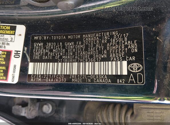 2T1BURHE7HC836617 2017 TOYOTA COROLLA Green Vista del compartimento del motor