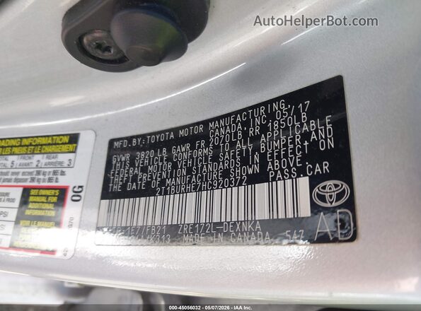2T1BURHE7HC920372 2017 TOYOTA LL Silver ძრავის განყოფილების ხედი