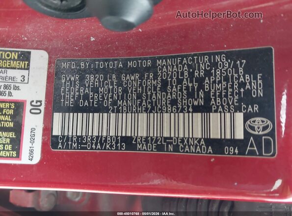 2T1BURHE7JC986734 2018 TOYOTA LL Красный Вид подкапотного пространства