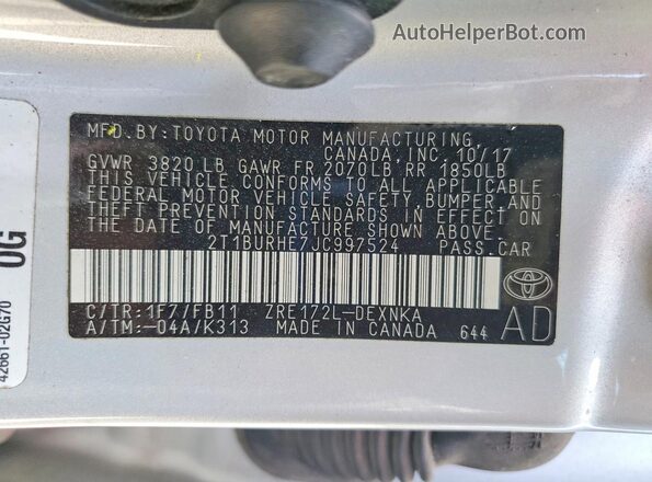 2T1BURHE7JC997524 2018 TOYOTA COROLLA Silver Շարժիչի բաժամունքի տեսք