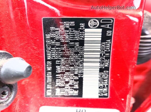 2T1BURHE7KC138032 2019 TOYOTA COROLLA Красный Вид наклейки с VIN-кодом