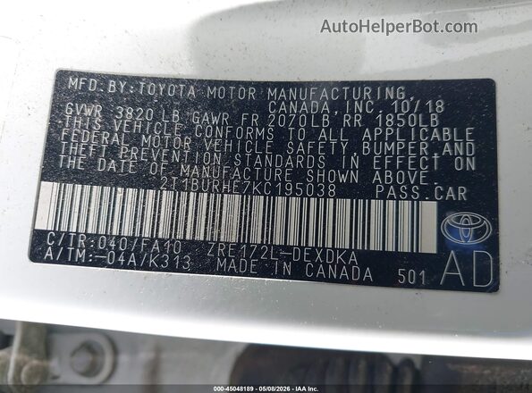 2T1BURHE7KC195038 2019 TOYOTA LL Белый Вид подкапотного пространства
