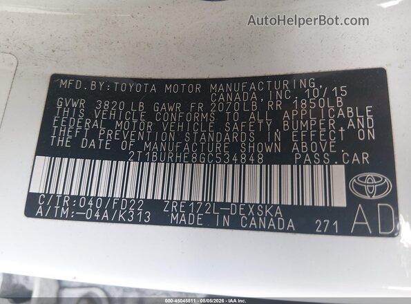 2T1BURHE8GC534848 2016 TOYOTA LL Белый Вид подкапотного пространства