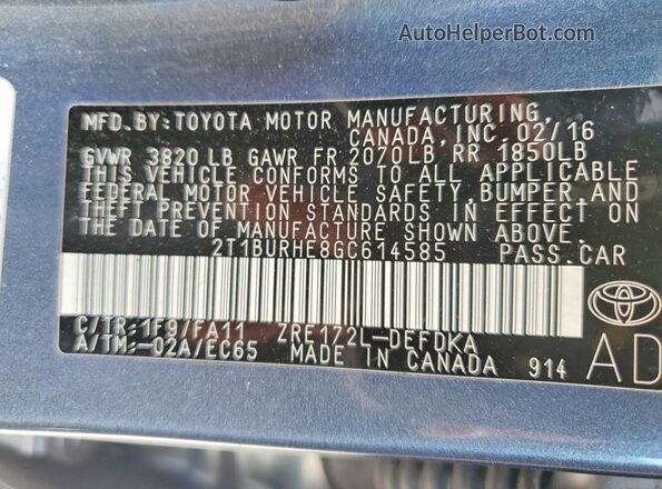 2T1BURHE8GC614585 2016 TOYOTA COROLLA Gray Widok komory silnika