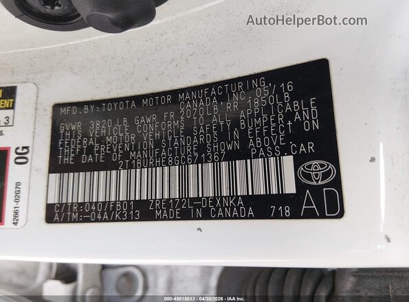 2T1BURHE8GC671367 2016 TOYOTA LL White Вид підкапотного простору