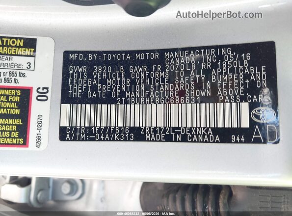 2T1BURHE8GC686631 2016 TOYOTA LL Silver ძრავის განყოფილების ხედი