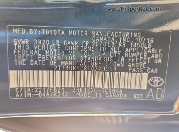 2T1BURHE8HC773351 2017 TOYOTA COROLLA Black Vista de la etiqueta del VIN