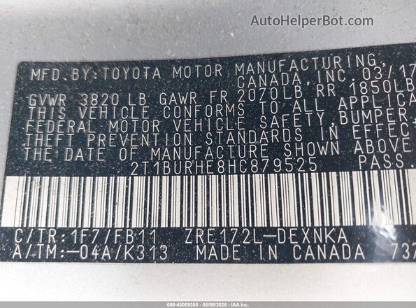 2T1BURHE8HC879525 2017 TOYOTA LL Silver Vista del compartimento del motor