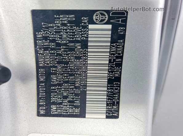 2T1BURHE8HC928335 2017 TOYOTA COROLLA Silver Вид наклейки з VIN-кодом
