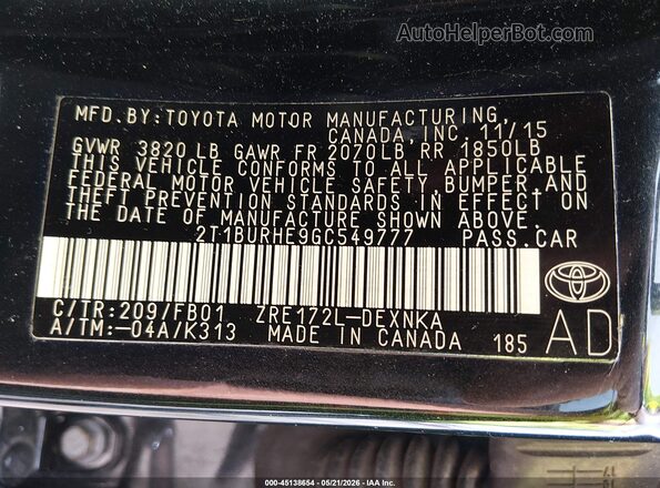 2T1BURHE9GC549777 2016 TOYOTA COROLLA Черный Вид подкапотного пространства