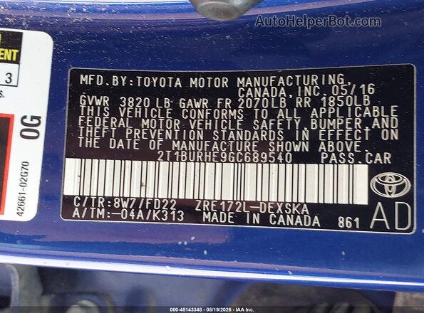 2T1BURHE9GC689540 2016 TOYOTA COROLLA Blue ძრავის განყოფილების ხედი
