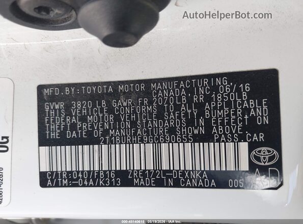 2T1BURHE9GC690655 2016 TOYOTA COROLLA White Vista del compartimento del motor