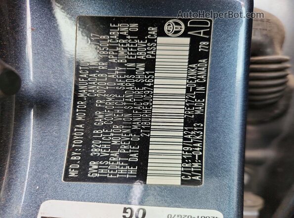 2T1BURHE9JC974651 2018 TOYOTA COROLLA Серый Вид наклейки с VIN-кодом
