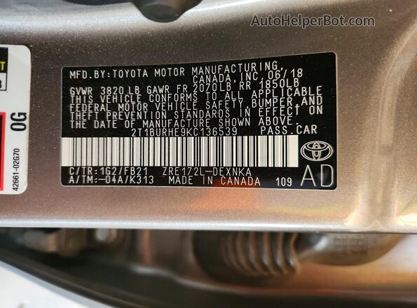 2T1BURHE9KC136539 2019 TOYOTA COROLLA Brown Vista del compartimento del motor