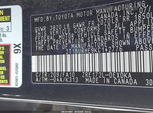 2T1BURHE9KC142776 2019 TOYOTA COROLLA Черный Вид подкапотного пространства