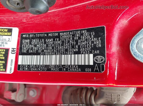 2T1BURHEXGC511880 2016 TOYOTA LL Красный Вид подкапотного пространства